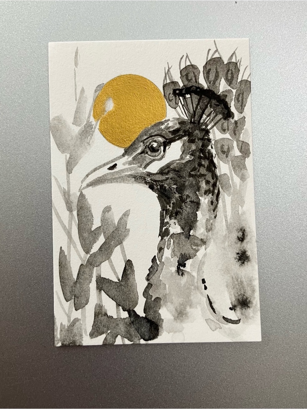 Original peacock painting miniature realism art sumi-e style ink artwork USA